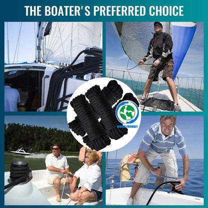 PropelTech 4 Pack 3/8" x 15’ Boat Dock Lines for Boat & Pontoon, Premium Marine- Grade Double Braided Nylon Dock Line, Pre-Spliced with a 12" Eyelet-Black,Boating Gifts for Men