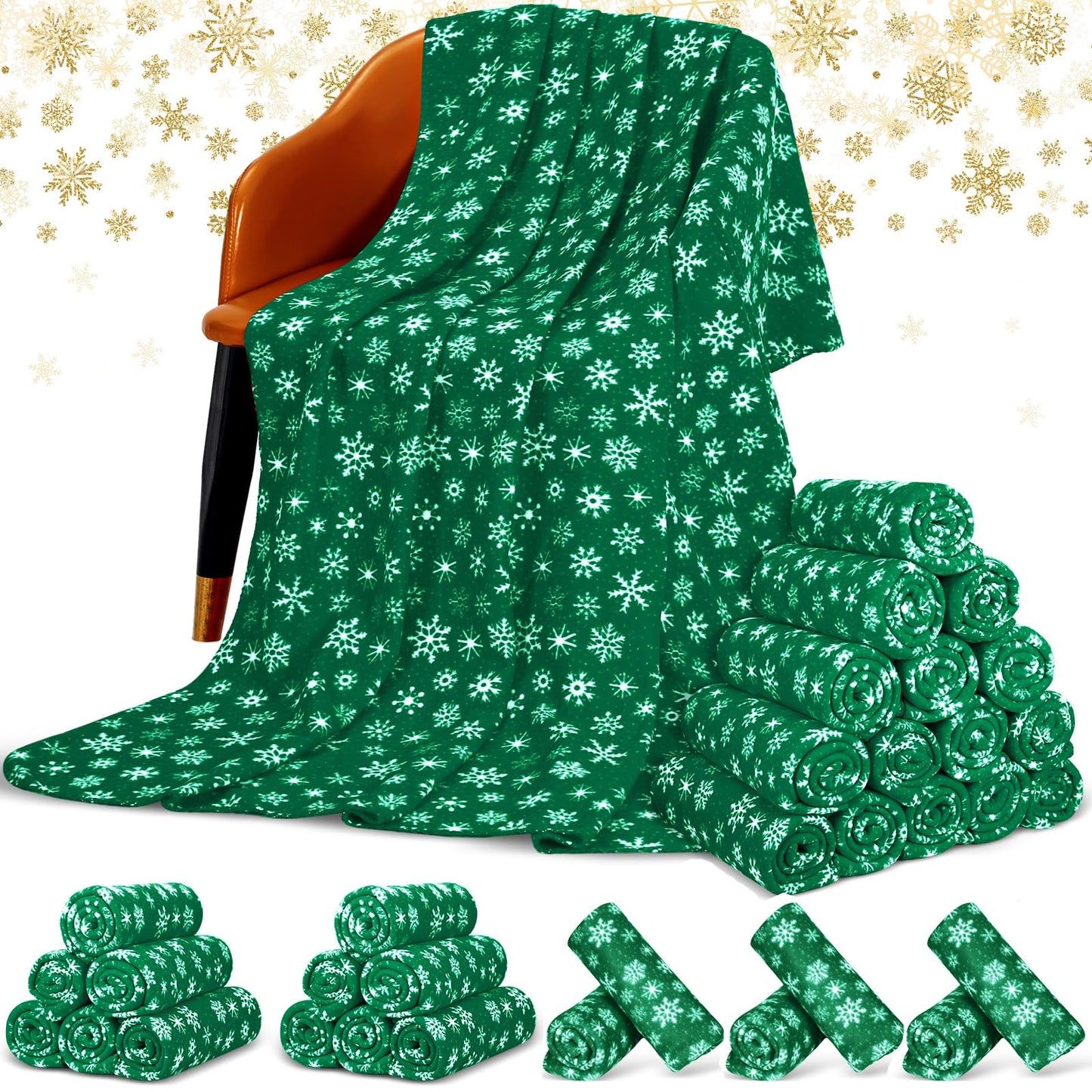 Moukeren 24 Pcs Christmas Snowflake Throw Blanket Bulk, 59 x 47 Inch Xmas Winter Throw Blanket Christmas Warm Soft Cozy Fleece for Home Bedding Couch Chair Gift (Green)