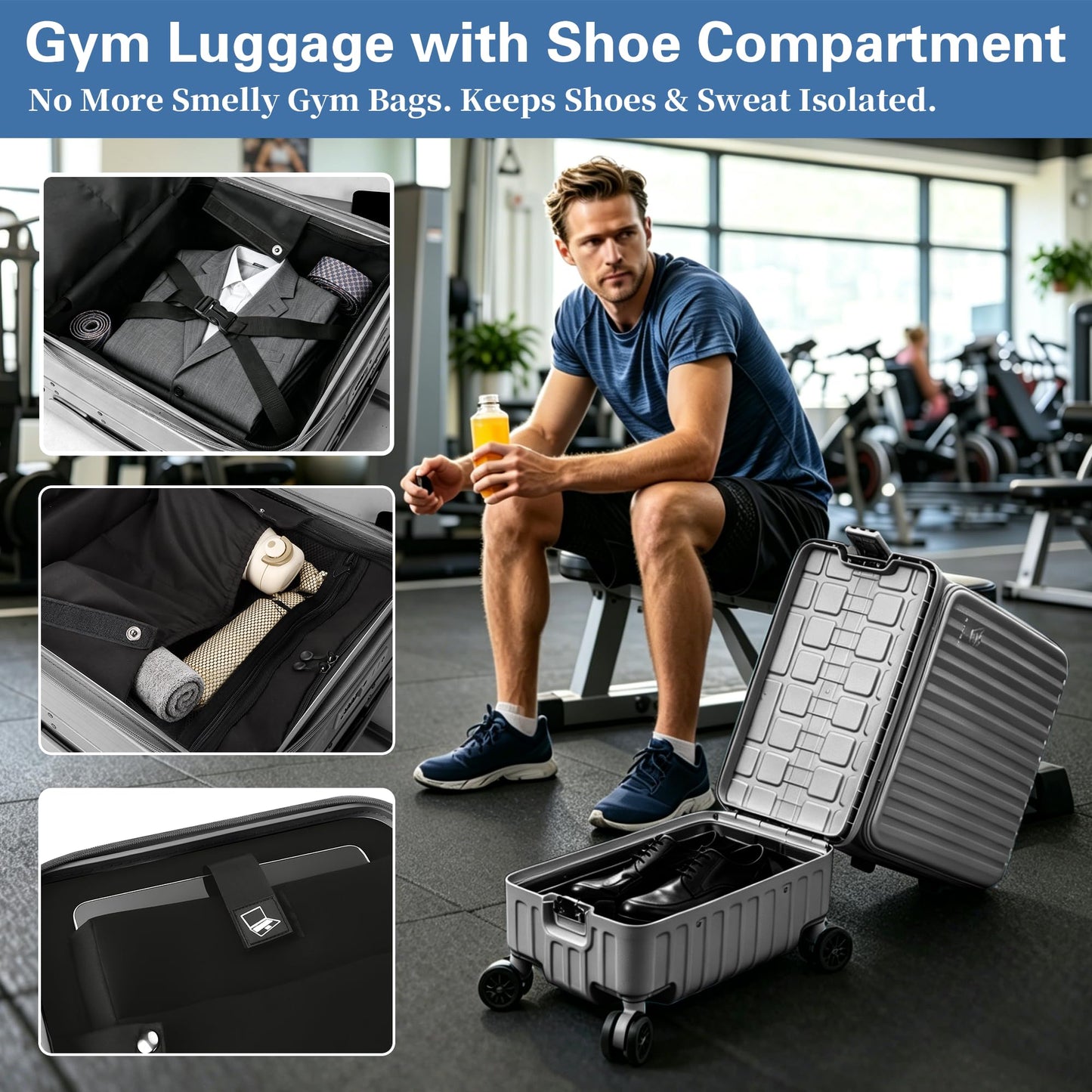 Solaraft Carry On Luggage with Shoe Compartment, 22x14x9 Airline Approved Lightweight Duffle Suitcase Wet Dry Separation, 20 Inch Spinner for Gym Swim Beach Weekend Sports Travel Men Women (Grey)