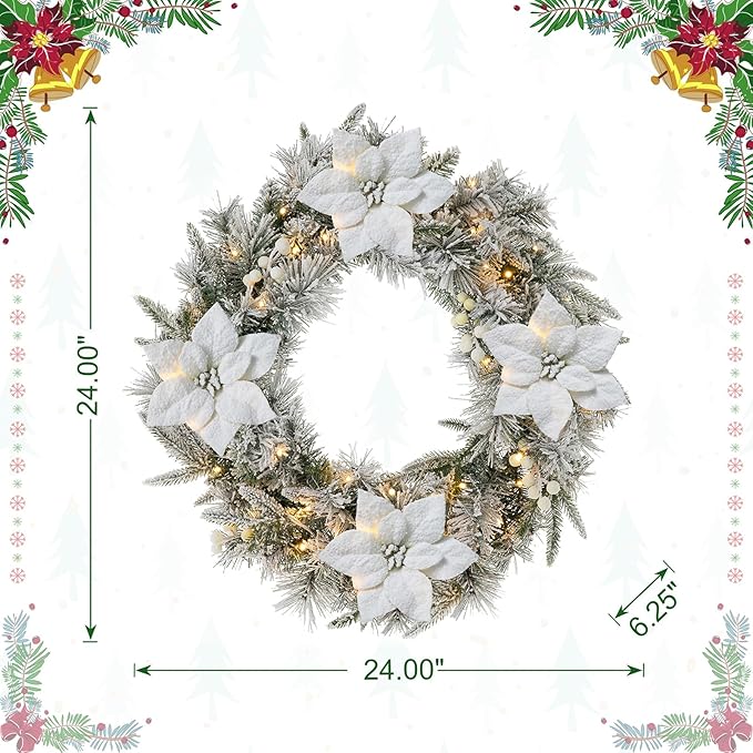 Glitzhome 24" D Pre-Lit Snow Flocked Greenery Pine Poinsettia Christmas Wreath, with 50 Warm White Lights with Timer