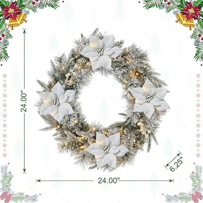 Glitzhome 24" D Pre-Lit Snow Flocked Greenery Pine Poinsettia Christmas Wreath, with 50 Warm White Lights with Timer