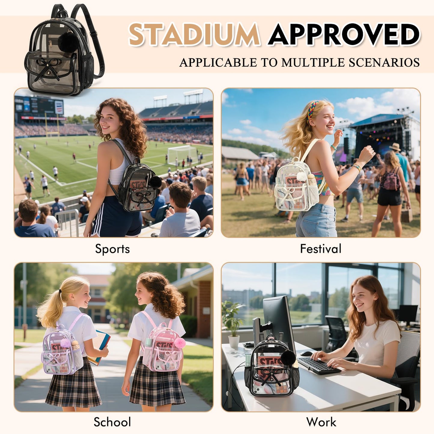 ASKSKY Clear Backpack for Stadium Events 12x12x6, Thick PVC Small Clear Bag with Leather Trim Fashion Women Backpack for Concerts, Sports, Festivals, Work, Travel-Black