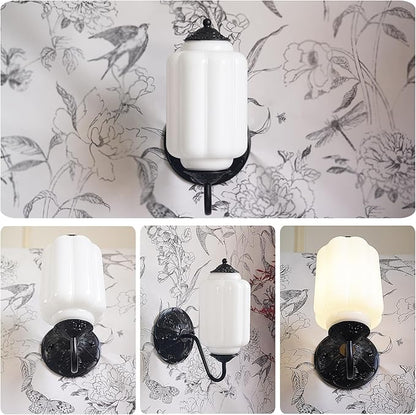 Antique Black Milk Glass Wall Sconce - Vintage Green Shade & Brass Finish Base - Indoor Wall Lighting Fixture for Living Room, Bedroom, Bathroom, Hallway, Entryway (White)