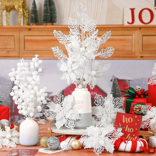 Alupssuc 24 Pcs Artificial Glitter Christmas Tree Picks, Boxed 12 Poinsettia Flowers+ 6 Berry Stems+ 6 Flowers Berry Leaves Decorations Set, Indoor Outdoor Holiday Ornaments Decor, White