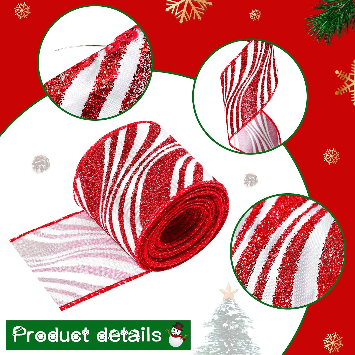 2 Rolls 2.5 Inch x 6 Yards Christmas Red and White Ribbon Christmas Candy Cane Wired Edge Ribbons DIY Craft for Xmas Tree Decorations Wreath Bows Making Gift Wrapping(Arcuate Stripes)