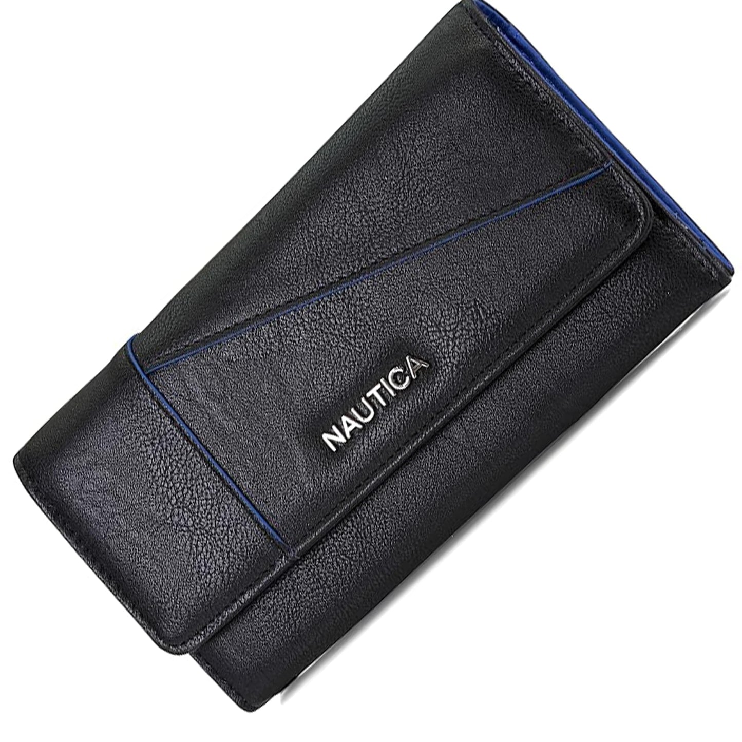 Nautica Money Manager Womens Slim Compact RFID Blocking Credit Card Holder Clutch Wallet Organizer with Zipper Coin Purse and Phone Compartment (Black)