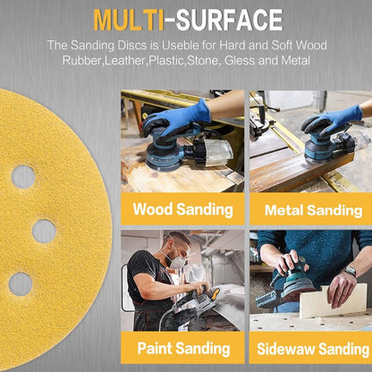 POTUINOM 100PCS 5 Inch 8 Hole Sanding Discs 120 Grit,Gold Round Hook and Loop Sandpaper for Random Orbital Sander