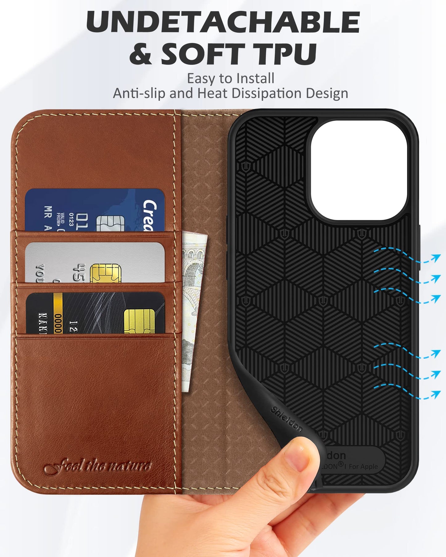 SHIELDON Case for iPhone 13 Pro 5G, Genuine Leather Folio Wallet Magnetic Shock Absorbing Case RFID Blocking Credit Card Holder Kickstand Compatible with iPhone 13 Pro 6.1" - Retro Brown