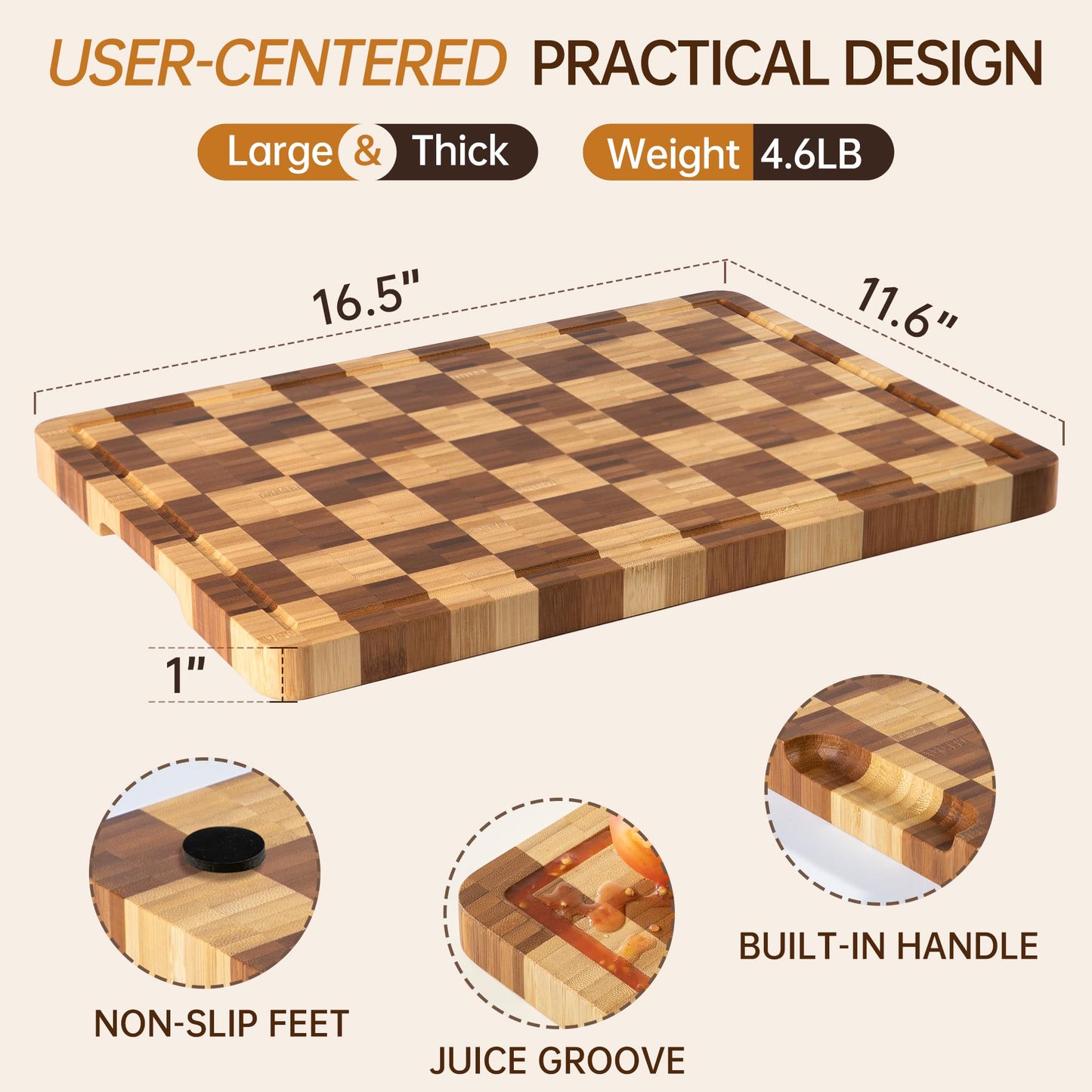 Bamboo Cutting Boards for Kitchen, End Grain Wood Cutting Board with Juice Grooves & Handles, Charcuterie Checkered Chopping Board Thick Butcher Block Serving Tray with Gift Box, 16.5"×11.6"× 1"