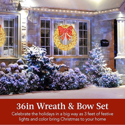 Best Choice Products 36in Pre-Lit Outdoor Christmas Wreath Decoration, LED Metal Holiday Decor for Home w/ 120 Lights, Bow - Gold/Red
