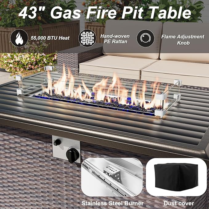ALAULM 11 Pieces Patio Furniture Set with 2 Swivel Chairs Patio Furniture Outdoor Sectional Sofas with 55000 Gas Fire Pit Patio Conversation Set w/8 Cushions-Grey