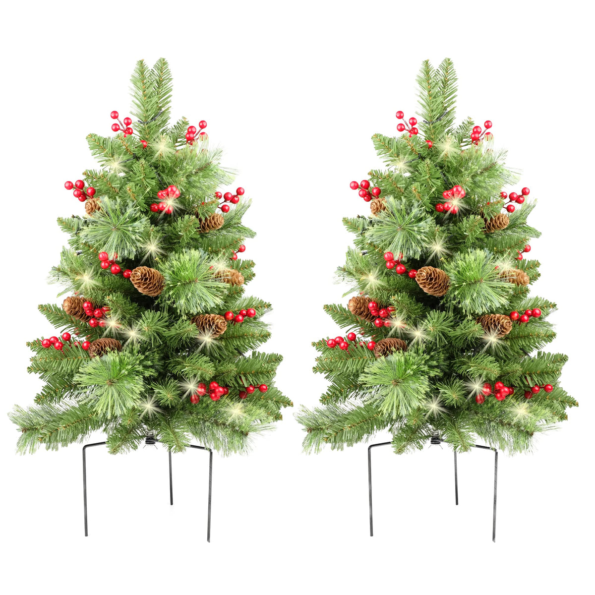 Christmas Tree 30 inch Prelit 2 Set Pathway Porch Christmas Trees Pre-Light LED Battery Operated Outdoor Xmas Decor for Entrance Driveway, Yard, Garden, Red Berries, Pine Cones