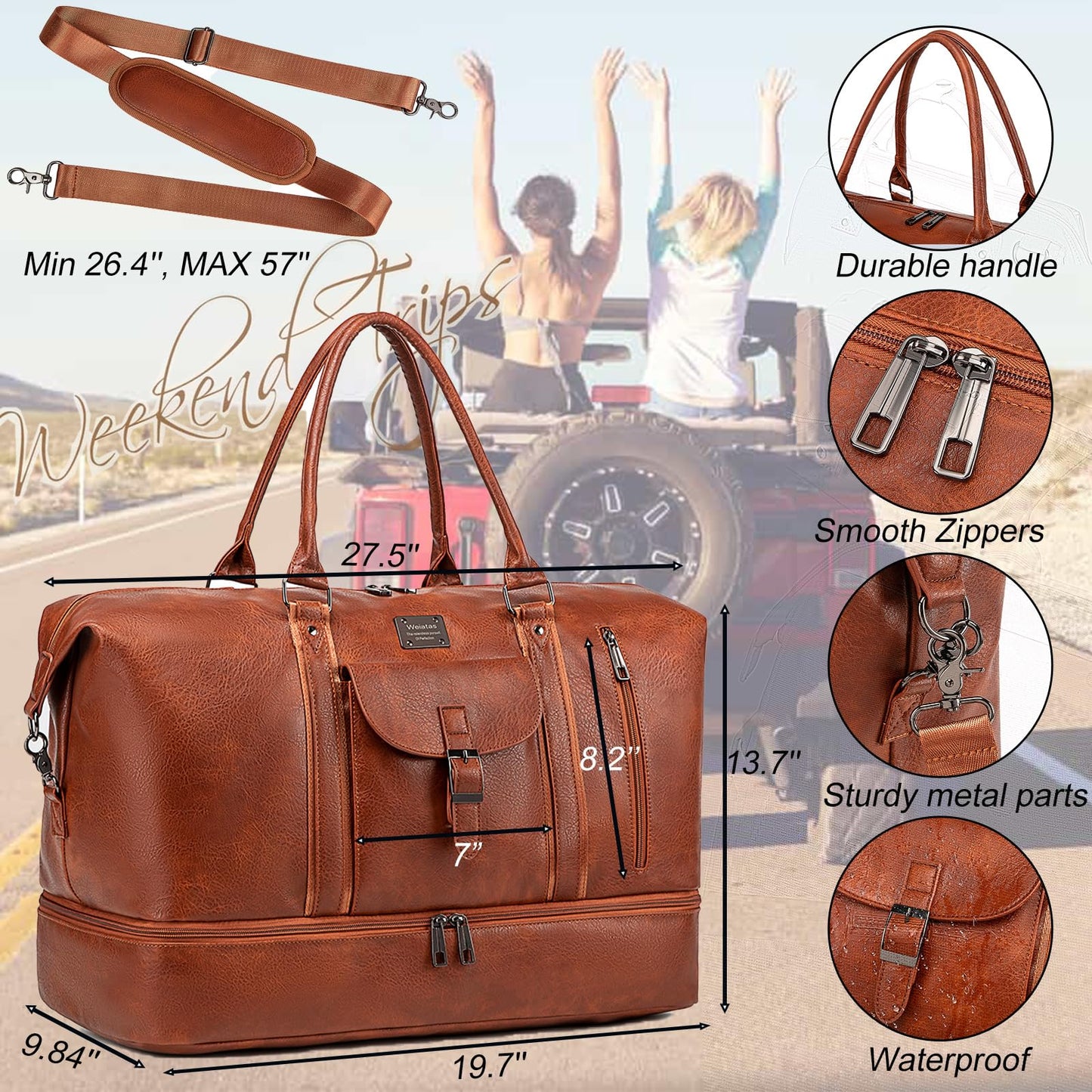 weiatas Faux Leather Travel Duffel Bag for Women Men, Large Weekender Overnight Bag with Shoes Compartment, Waterproof Carry On Bag Travel Tote Bag Gym Bag with Luggage Strap (Brown)