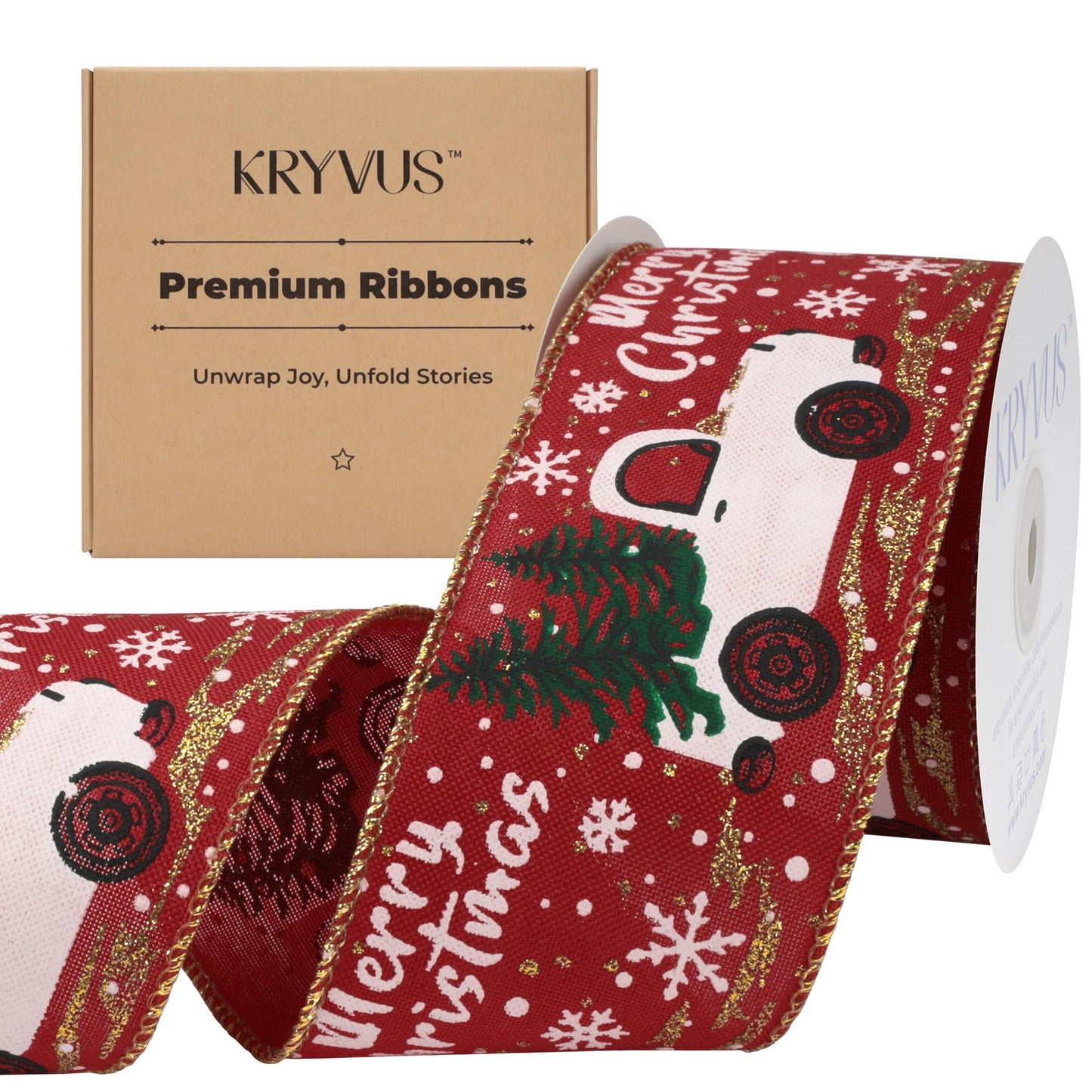 Kryvus Christmas Wired Ribbon, 2.5 Inch x 10 Yards, Red Linen Christmas Ribbon with Gold Wired Edge for Wreaths, Gift Wrapping, Christmas Tree Decorations & Holiday Crafts (Truck/Snow)
