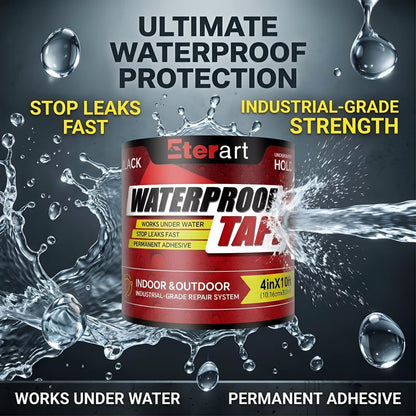 Waterproof Tape Black 4 Inch x 10 FT - Heavy Duty Rubberized Seal Repair for Active Leaks - Fix Roofs, Underwater Pool Liners & Pipes - All-Weather Emergency Patch Tool for Homeowners & Campers