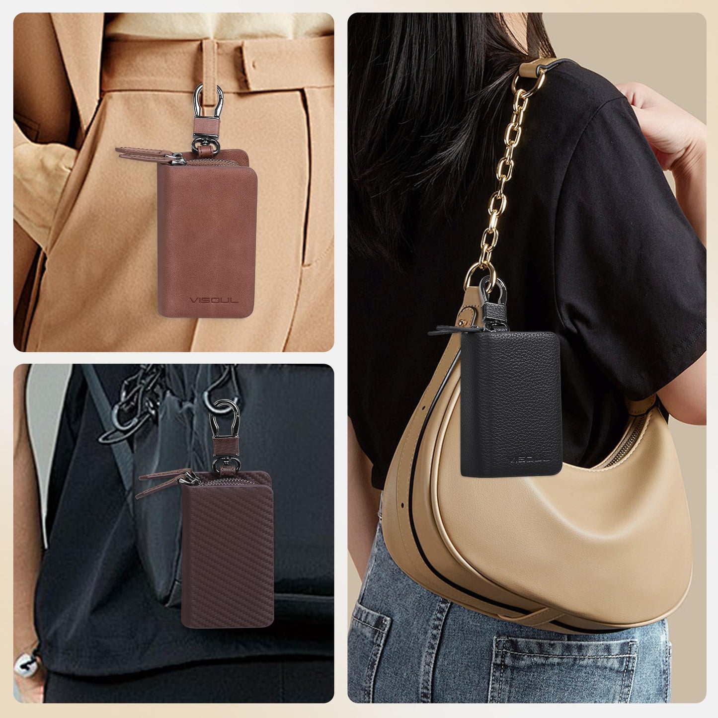 VISOUL Car Key Case Holder Double Zipper, Leather Car Smart Key Fob Case with Keychain for Men and Women-Brown