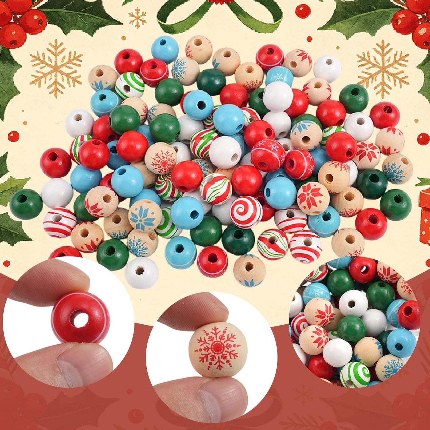 200 Pcs Christmas Wooden Beads for Crafts Natual Painted Wood Spacer Loose Beads with Twine for Xmas Party Holiday DIY Garland Hanging Decor