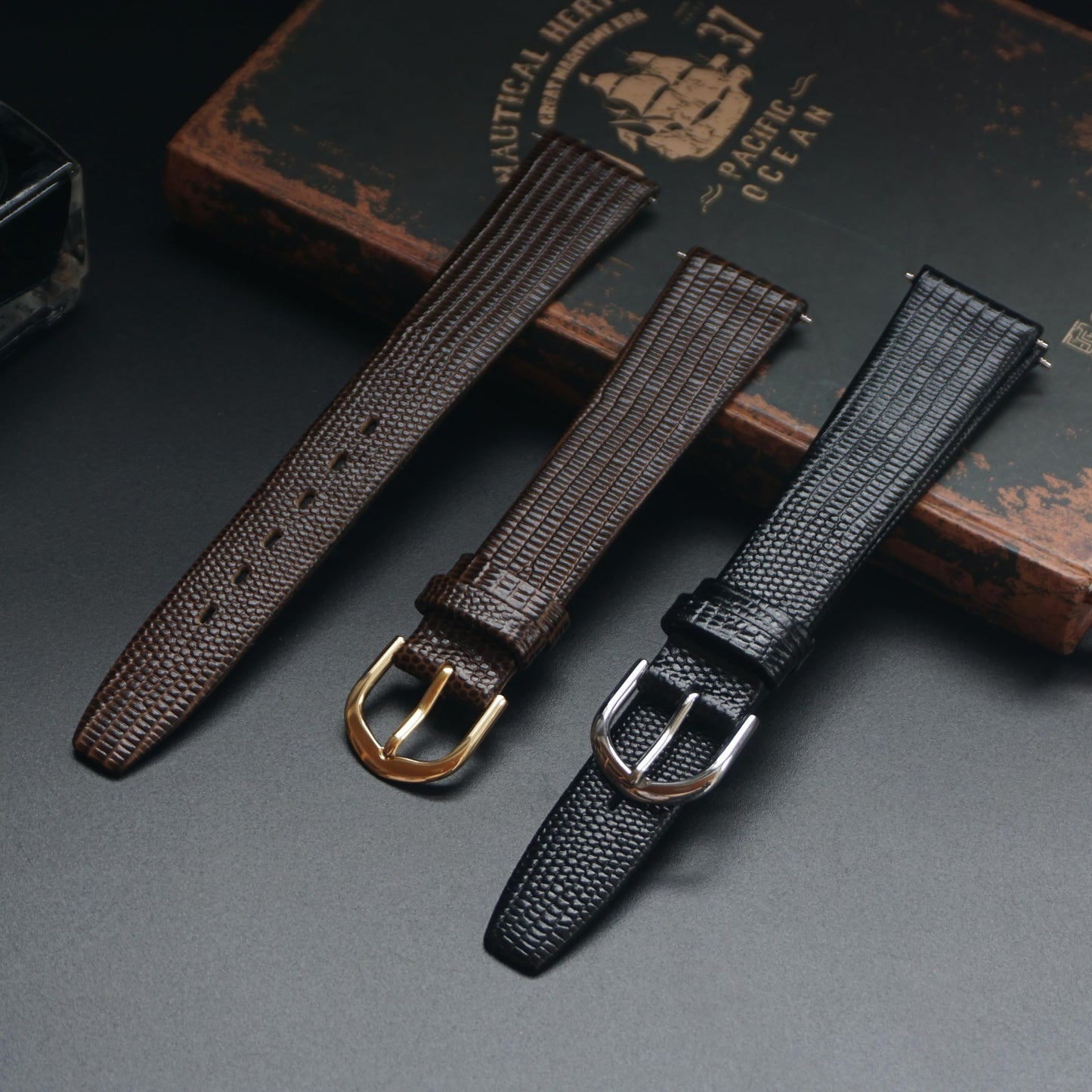 AMHUGE Lizard Grain Watch Strap Black and Brown Calf Genuine Leather 12mm 14mm 16mm 18mm 19mm 20mm 21mm Watchband Thin Soft Watch Band For Woman or Man (Brown(Gold Buckle), 18mm)