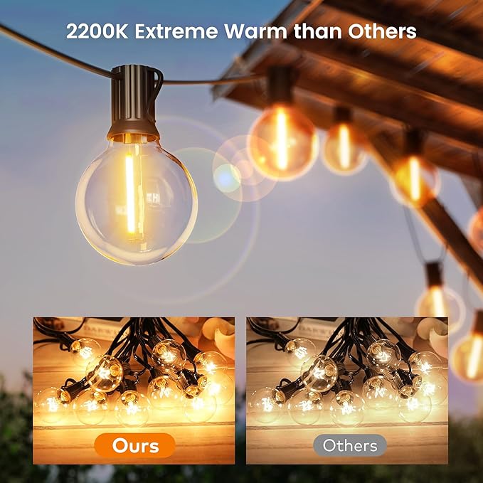 OHLUX Outdoor String Lights,110FT Dimmable Patio Lights with 58 G40 Shatterproof 2200K LED Edison Bulbs(2 Spare),Waterproof Hanging for Outside Backyard,Cafe,Porch,Deck,Porch