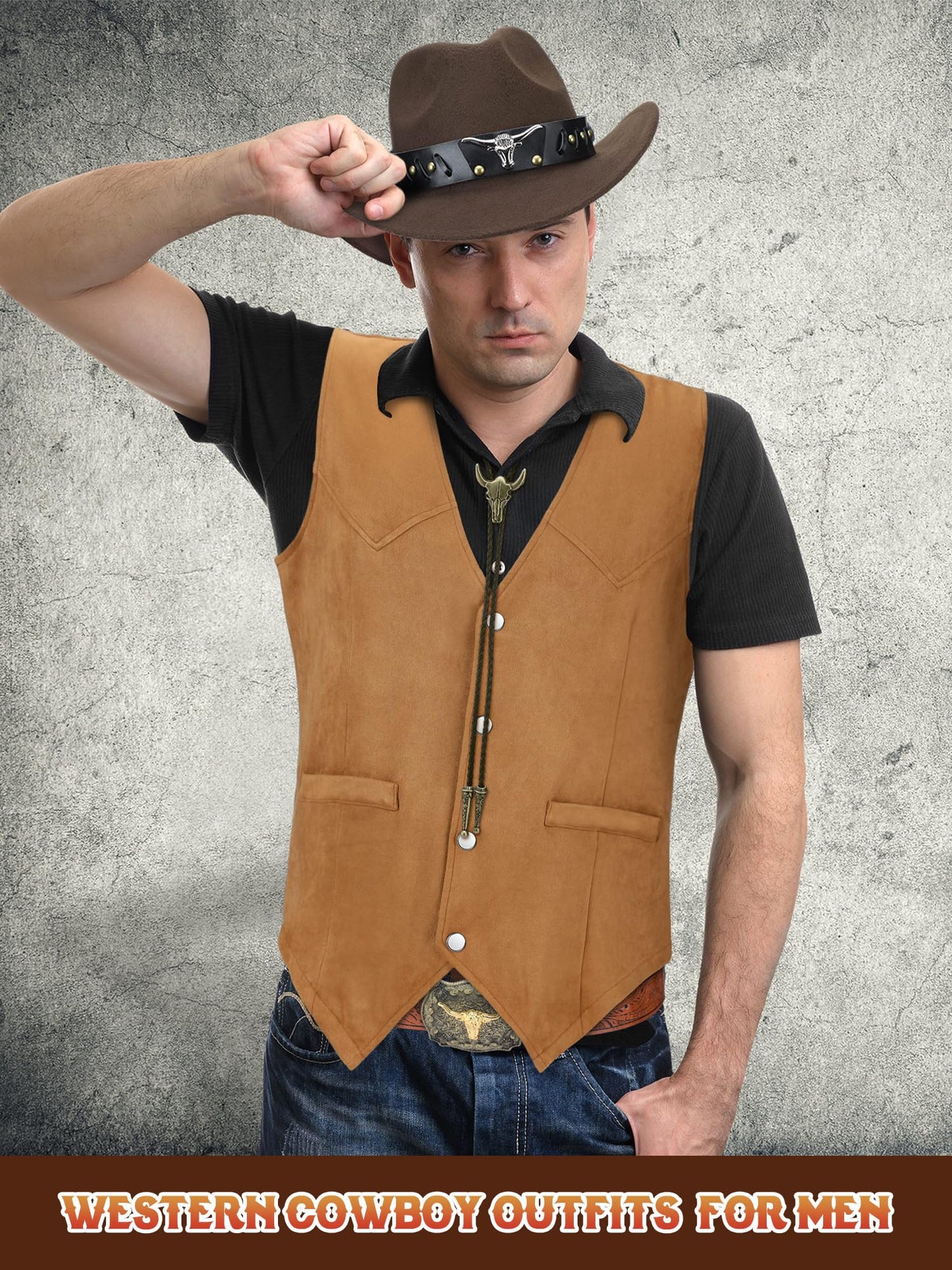 Cutecrop 4 Pcs Western Cowboy Outfits for Men Suede Leather Vest Hat Bolo Tie Belt for Western Halloween Cosplay(Medium,Brown)