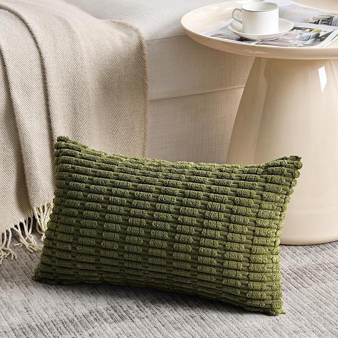 Fancy Homi 1 Pack Boho Moss Green Decorative Throw Pillow Covers 12x24 Inch for Couch Bed Sofa, Rustic Modern Farmhouse Home Decor, Soft Plush Corduroy Cute Rectangle Cushion Case 30x60 cm