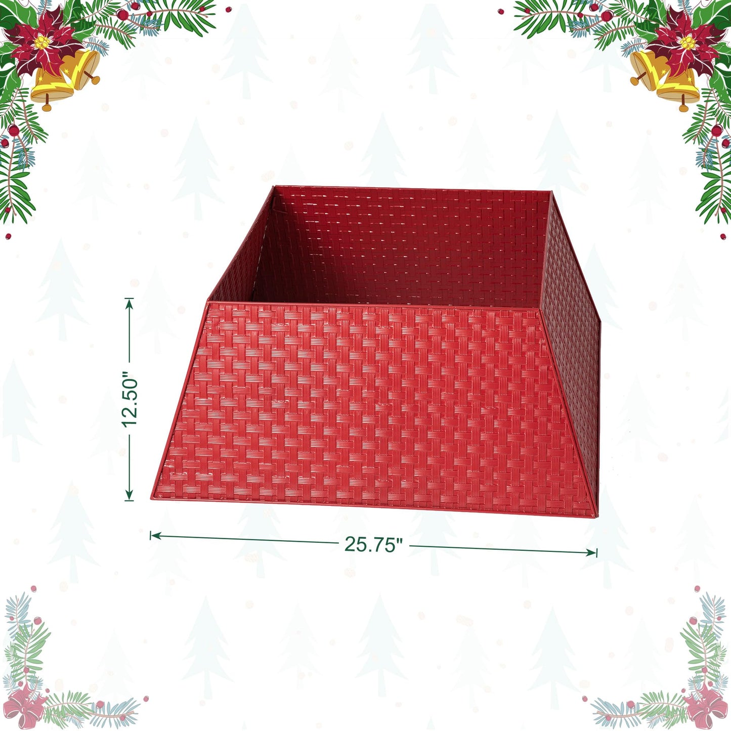 Glitzhome 25.75" L Trapezoid Red Metal Weave Tree Collar, Rustic Christmas Trees Stand Cover Tree Ring for Home Festive Party Decor