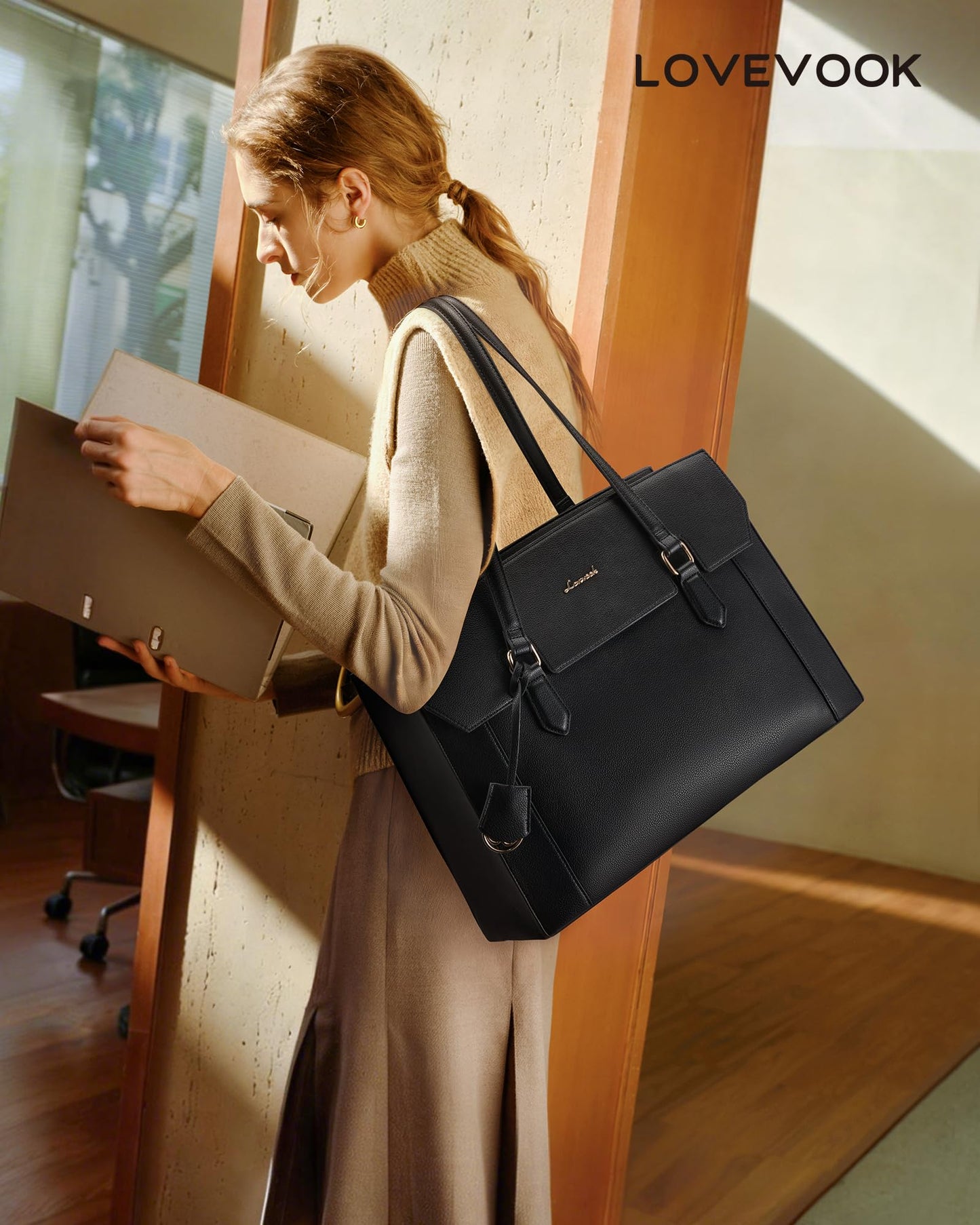 LOVEVOOK Laptop Tote Bag for Women,Computer Work Bag With Large Cup Holder,15.6 Inch Waterproof PU Leather Purse Briefcase for Teacher