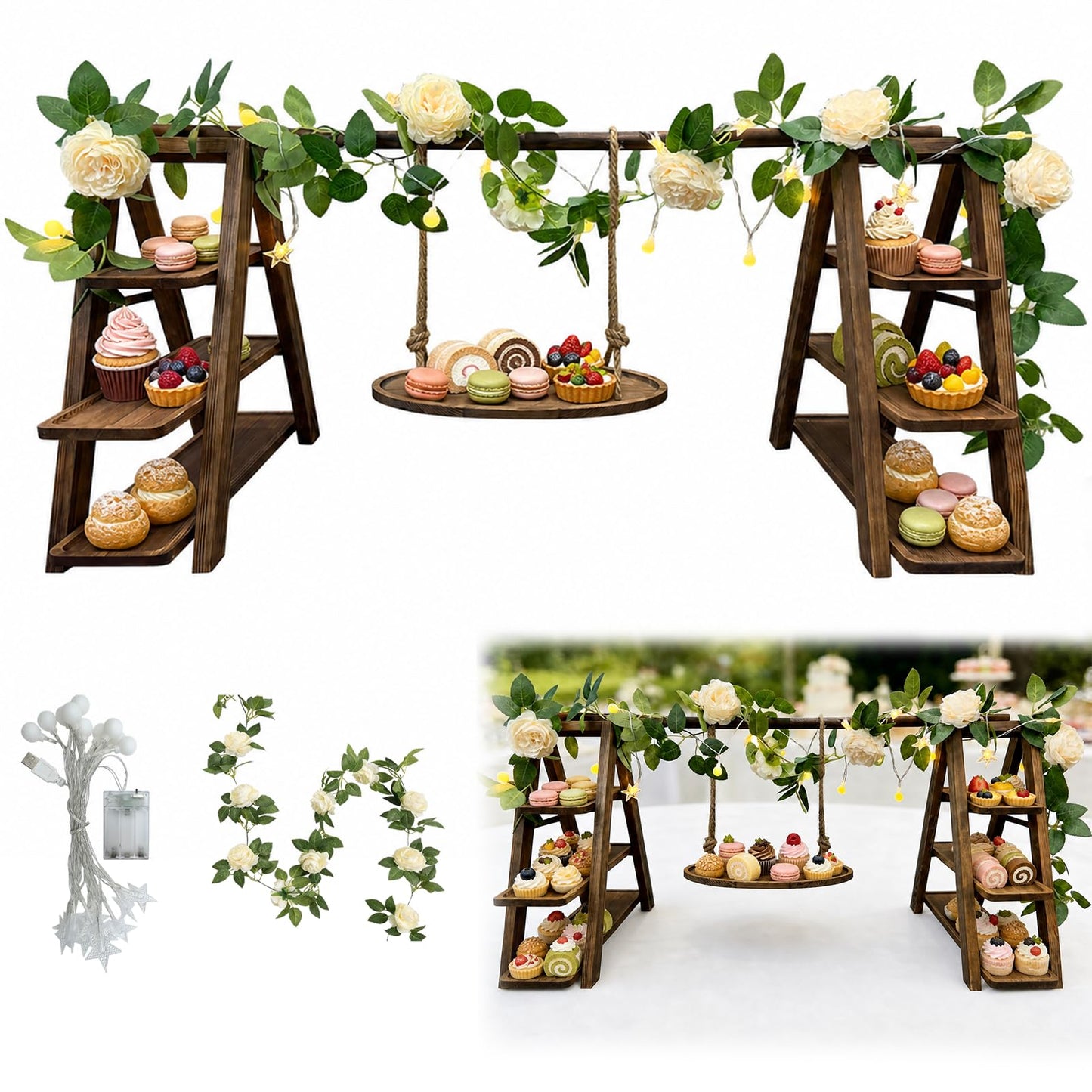 LIOIFIR Wooden 3 Tier Cupcake Stand with Swing, Star String Lights & Champagne Flower Vine, Rustic Dessert Table Display Set, Tiered Food Serving Tray for Party, Wedding, Catering Centerpieces