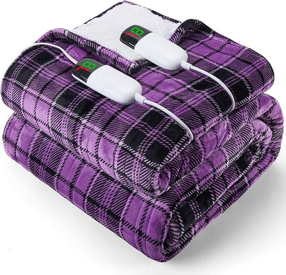 Heated Electric Blanket King Size, 90X100 Heating Blanket King with Dual Control&10 Heats Levels&Timer for Bed,Large Purple Plaid Sherpa Blankets Warmer Gifts for Grandma Women Adults, Washable
