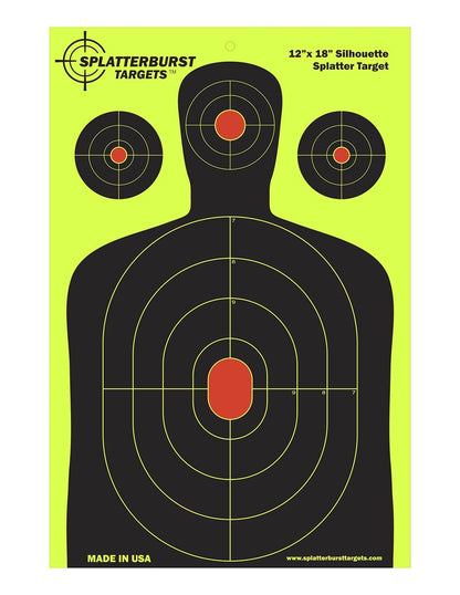 Splatterburst Targets - 12 x18 inch - Silhouette Splatter Target - Easily See Your Shots Burst Bright Fluorescent Yellow Upon Impact - Made in USA (25 Pack)