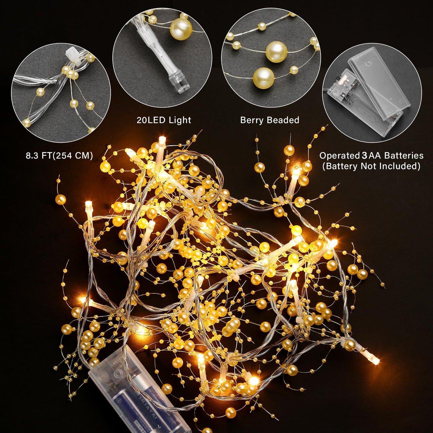 VERY100 Christmas Garland with Lights 8.3 FT Festival Lighted Berry Beaded Garland Christmas Decorations for Indoor Home Mantel Fireplace Holiday Party Decor(Gold)