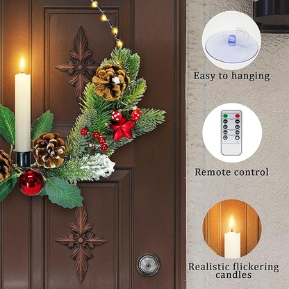 2Pack Christmas Wreaths for Front Door with Lights & Flickering LED Taper Candles & Remote, 16'' Windows Wreaths, Fireplace Christmas Decorations - Red