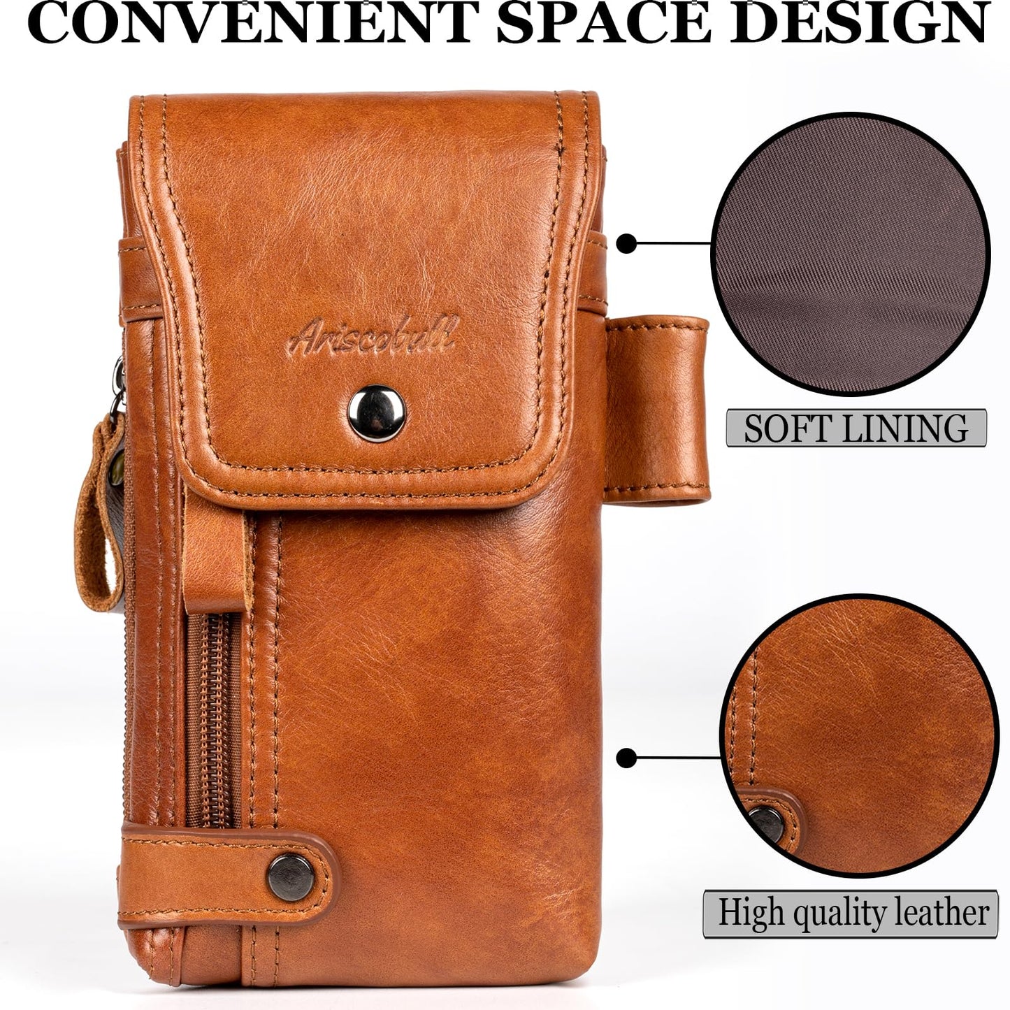 Ariscobull - Leather Phone Holster - Genuine Full-Grain Buffalo Leather Cell Phone Holsters - for iPhone 16, 15, 14, 13pro, Galaxy S24, S23, S22 (Brown, Large)