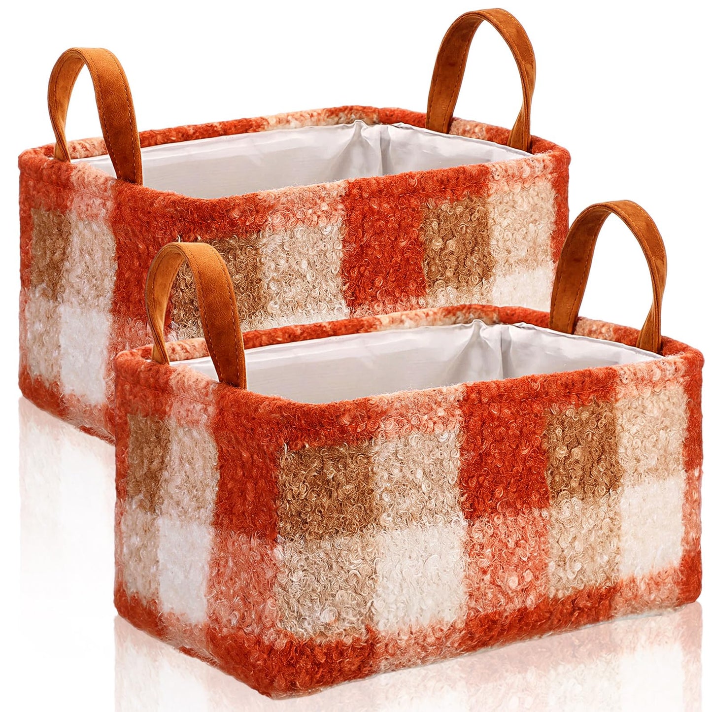 Yiyiring 2 Pcs Orange Plaid Storage Baskets 14x10 Inch Fall Theme Baskets Plaid Laundry Foldable Fluffy Boucle Storage Bin with Handle Autumn Home Decor Closet Organizer for Countertop Tabletop Car