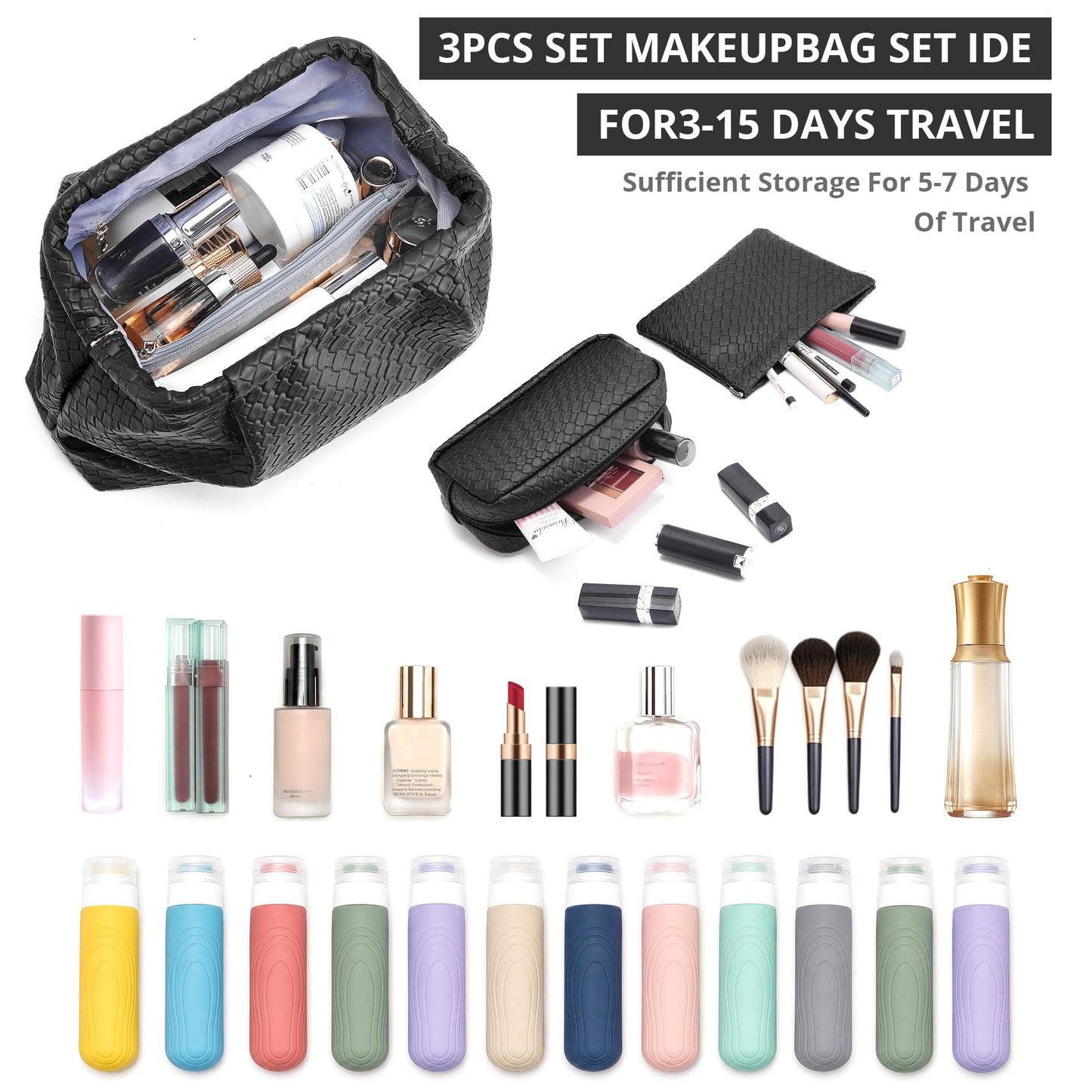 BOYATU Travel Makeup Bags for Women: Elegant Evening Woven Vegan Leather Make up Bag Clutch – 3 Pcs Set Large Capacity Compact Cosmetic Organizer for Purse,Bride Bridesmaid Gift (Black)