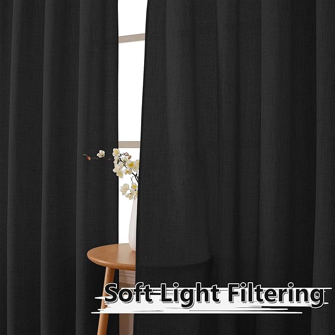 Tollpiz Linen Curtains Bedroom Rod Pocket Semi Sheer Curtain Burlap Light Filtering Thick Linen Drapes for Living Room, 54 x 84 inches Long, Black, Set of 2 Panels