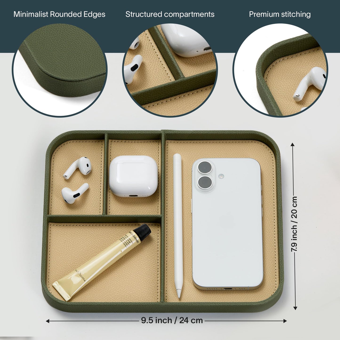 Nordik Leather Valet Tray - Moss Green - 9.5 x 7.9 Inch Medium Vegan Leather Tray - Stylish Nightstand Organizer for Men - Modern Bedside Caddy - EDC Catchall for Key Watch Wallet Jewellery