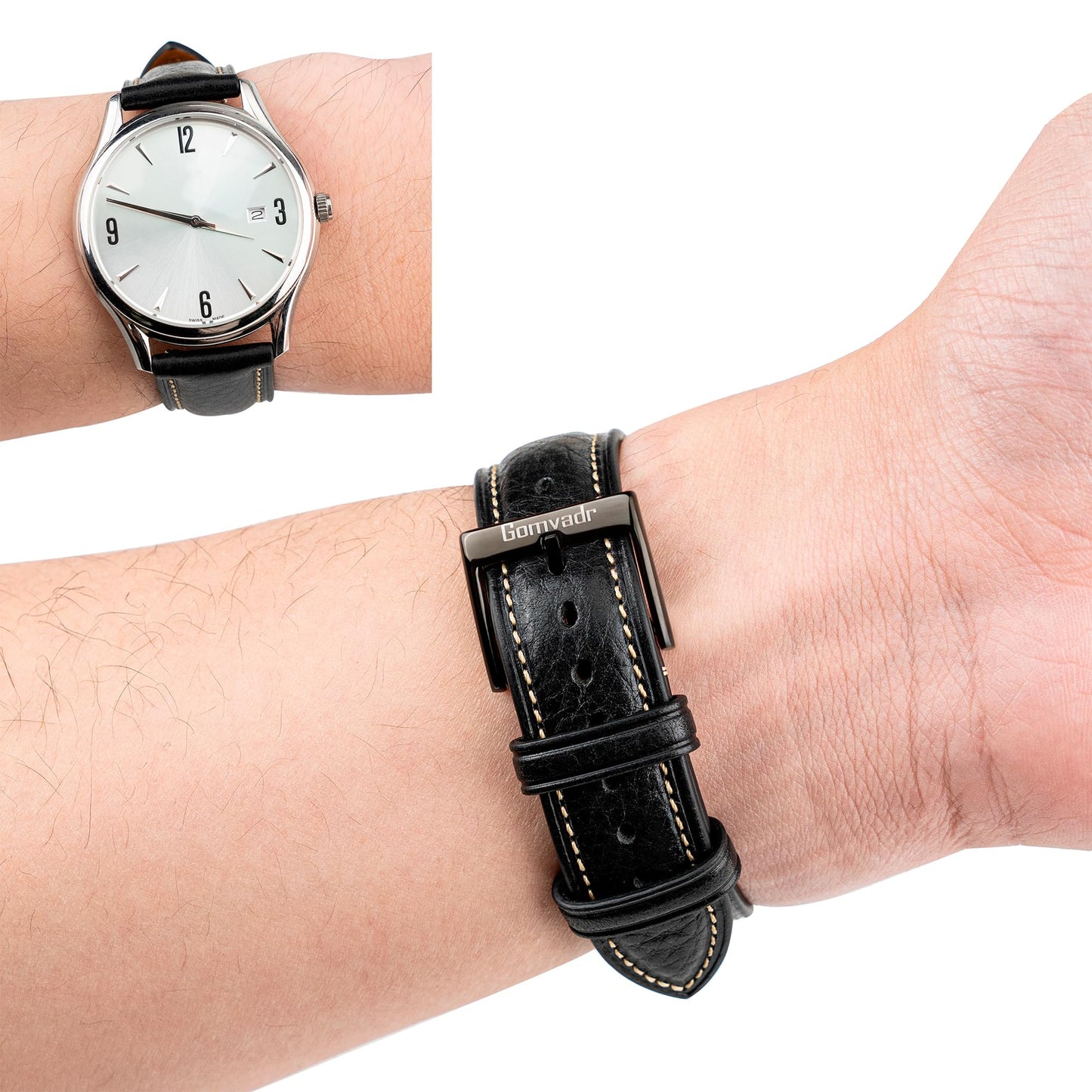 Gomvadr Italian Leather Watch Band Tuscany Natural Vegetable-Tanned Leather Strap,18mm 19mm 20mm 21mm 22mm XL XXL Quick Release Replacement Watch Straps for Men and Women, Thick and Soft(Black / Black Buckle, 18mm-Standard)