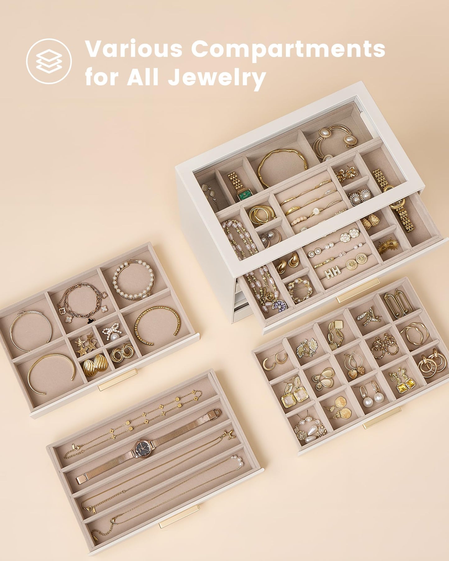 Lolalet Jewelry Box Organizer, 6-Layer Jewelry Organizers and Storage Case with Glass Lid, Ring Earring Bracelet Necklace Holder Organizer, Birthday Valentine Gifts for Women Girls -6Layer, Beige