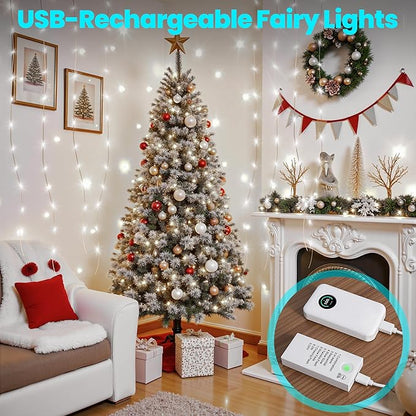Mlambert LED Fairy Lights Battery Operated with Timer, Rechargeable Mini Twinkle Lights for Christmas Decor Holiday Party, 32.8FT(16.4x2), Cool White