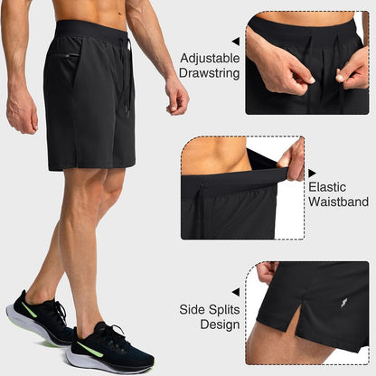 Soothfeel Men's Running Shorts with Zipper Pockets 7 Inch Lightweight Quick Dry Gym Athletic Workout Shorts for Men (Black, M)