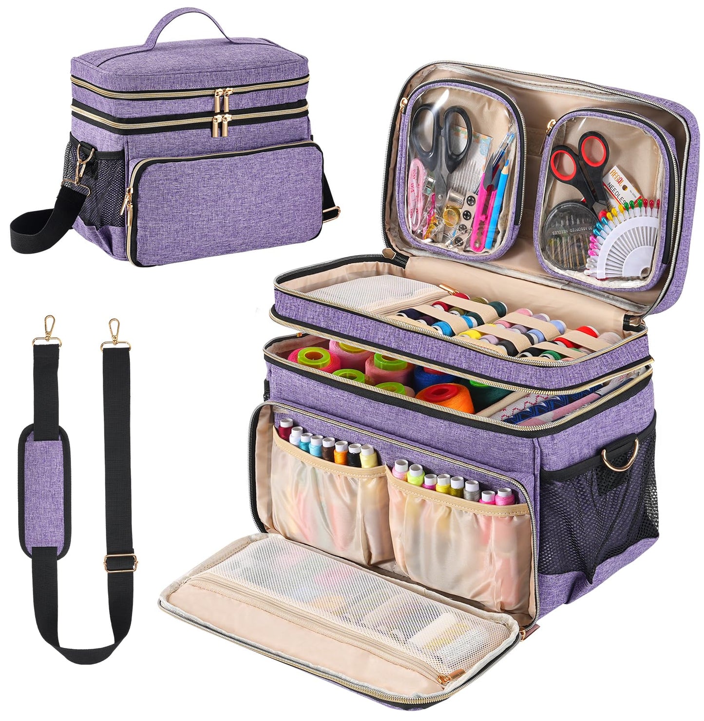 Hautton Large Sewing Ogranizers, 2 Layer Storage Bag for Sewing Supplies with 2 Detachable Pouches Sewing Bag with Shoulder Strap (Bag ONLY) -Purple