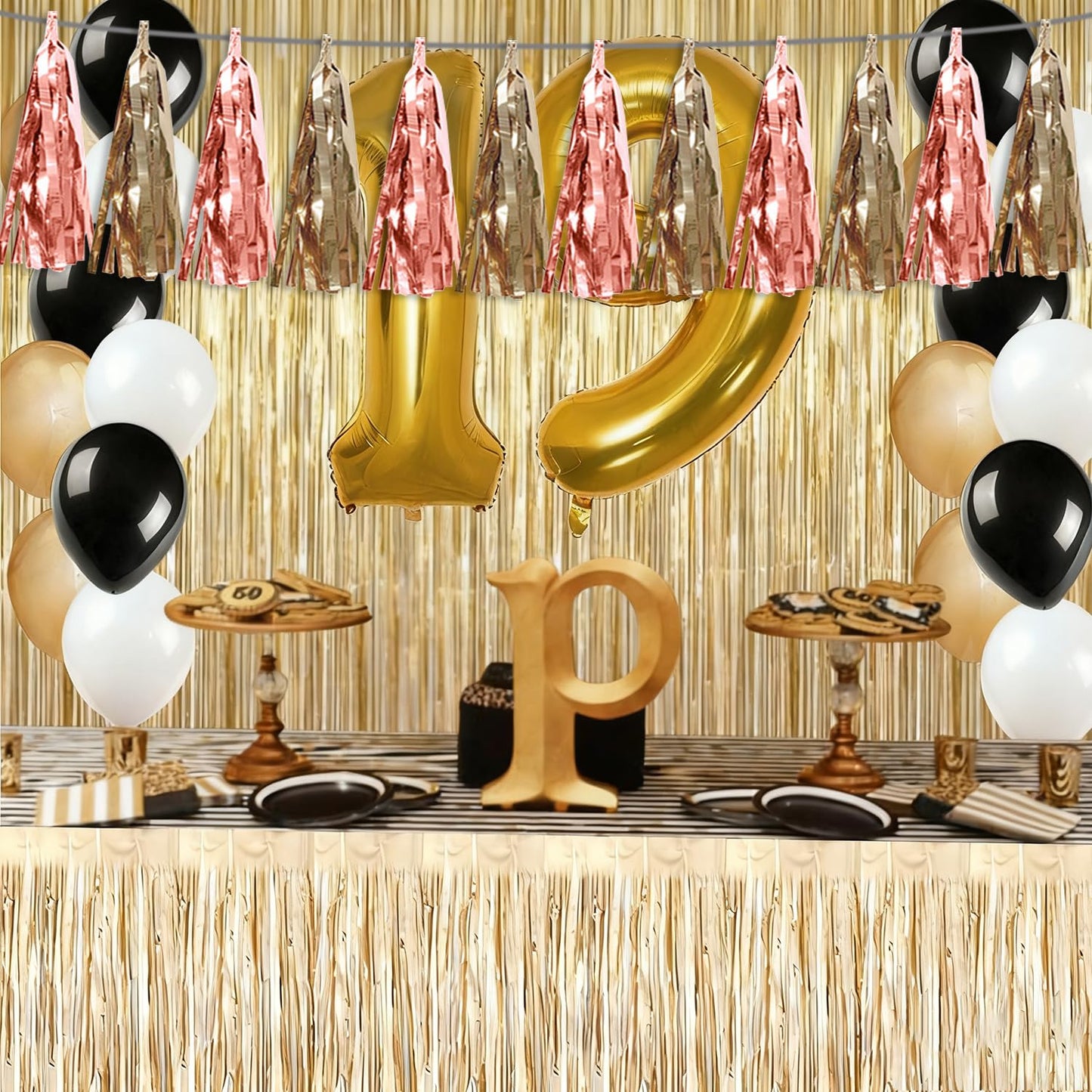 4P Rose Champagne Gold Tassel Banner Garland Metallic Foil Fringe Banner Tinsel Tassels Streamer Banner Backdrop for Parade Floats, Graduation Decorations, Wedding Party Decoration