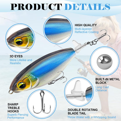 WWFIOO 3-Pack Propeller Tail Topwater Fishing Lures – Floating Popper Crankbait with 3D Eyes, UV Coating, Sound & Splash for Bass Trout Saltwater Freshwater Fishing (B)