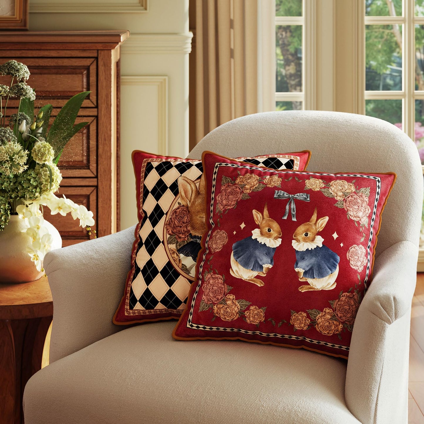 Livebee Bunny Checkered Pillow Cover Decorations, Velvet Euro Sham Covers Decorative Throw Pillow Covers 18x18 for Couch Sofa Bed Home Decor
