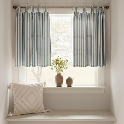 jinchan Tie Top Linen Kitchen Curtains 24 Inches Striped Tier Curtains Farmhouse Modern Cafe Style Small Window Treatments Airy Light Filtering Rod Pocket for Living Room Bathroom 2 Panels Blue