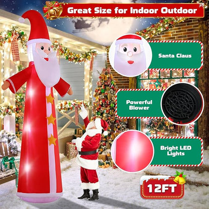12FT Christmas Inflatables, Giant Santa Christmas Inflatable Outdoor Decoration, Christmas Outdoor Inflatables with Built-in LEDs, Christmas Blow Up Yard Decorations for Party Holiday Lawn