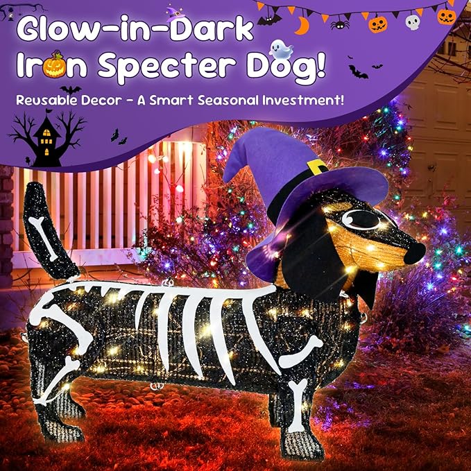 Pre-lit 25.5 Inches Long Halloween Skeleton Dachshund Dog with Witch Hats with Twinkle Lights Indoor Outdoor Decorations Halloween Decorations Lights for Home Garden Party Yard Decor Black