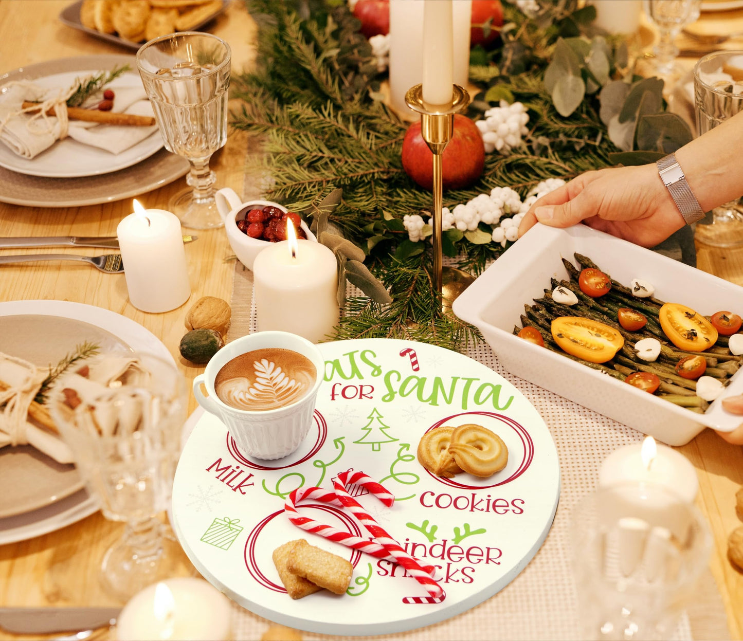 Rmeosye Santa Cookie Plate Treat Santa Christmas Wooden Round Tray Xmas Eve Cookies Milk Reindeer Snacks Cute Platter Mat Wood Plates Board for Christmas Decorations Supplies (White)