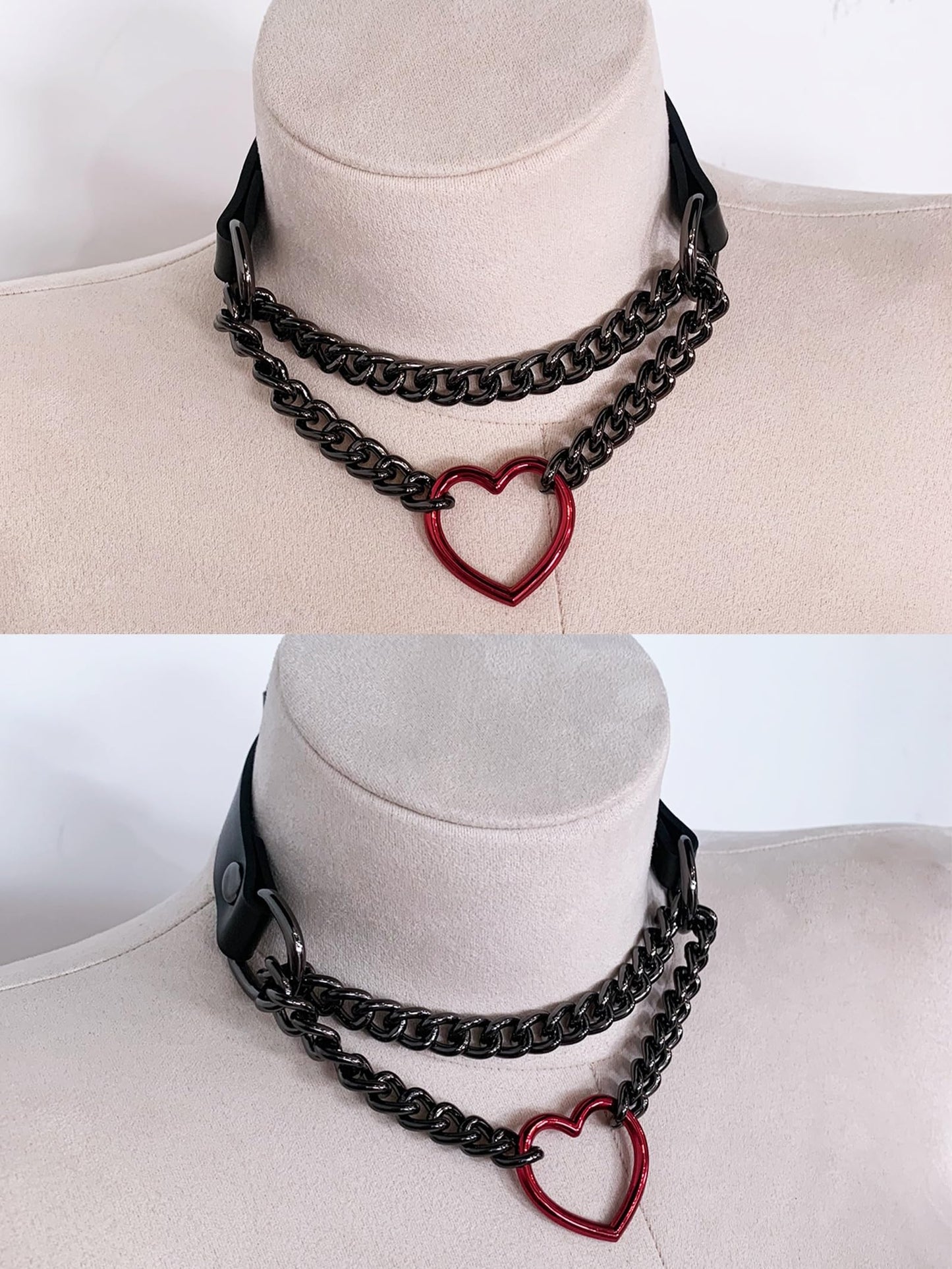 ADEMISHIA Black/Pink Leather Choker Necklace For Women, Handmade Adjustable Chain Collar with Metallic Heart Ring